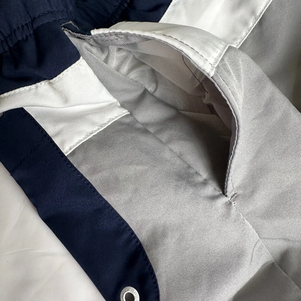 Speedo Swim Trunks Men Medium Grey Navy White Colorblock Mesh‎ Liner 7 Inch